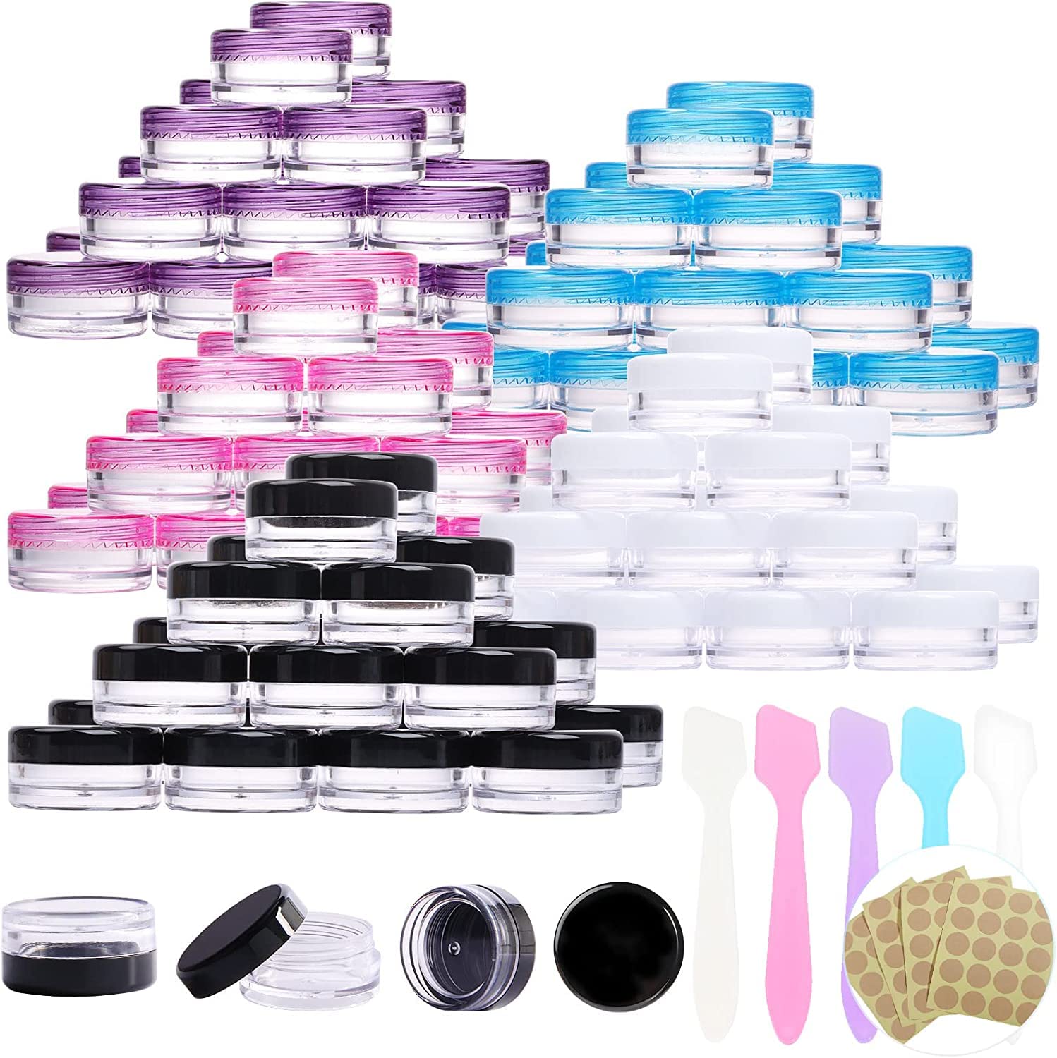 100PCS Clear Sample Empty Containers with Lid 3g, BPA Free Travel Round Jars, Leak Proof Cosmetic Pot Jars, Refillable Sample Containers for Makeup, Powder, Jewelry, with 5 Mini Spatulas