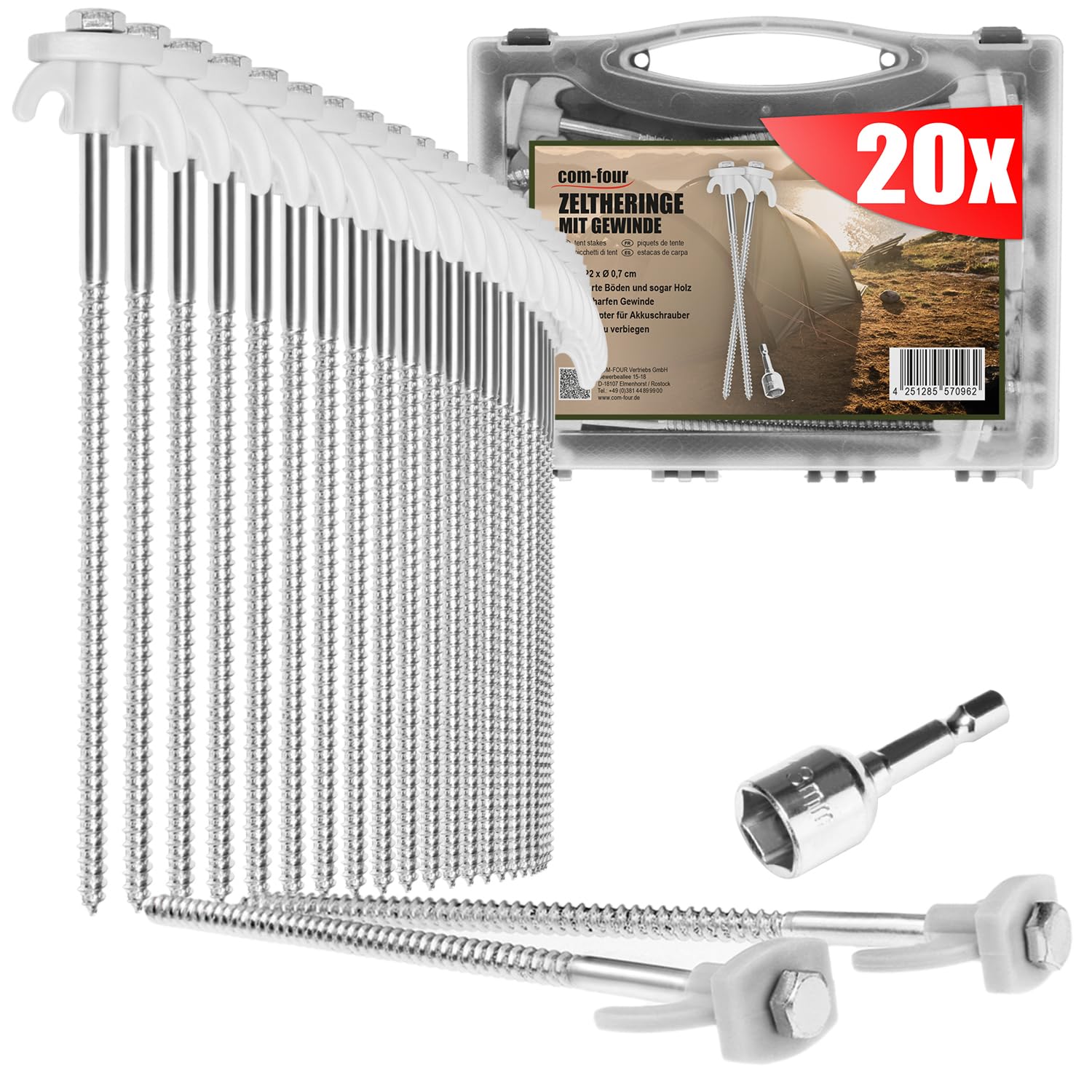 com-four® 20x tent pegs made of steel - screw pegs in transport box - robust ground pegs with thread for camping and outdoors - tent pegs ideal for hard ground