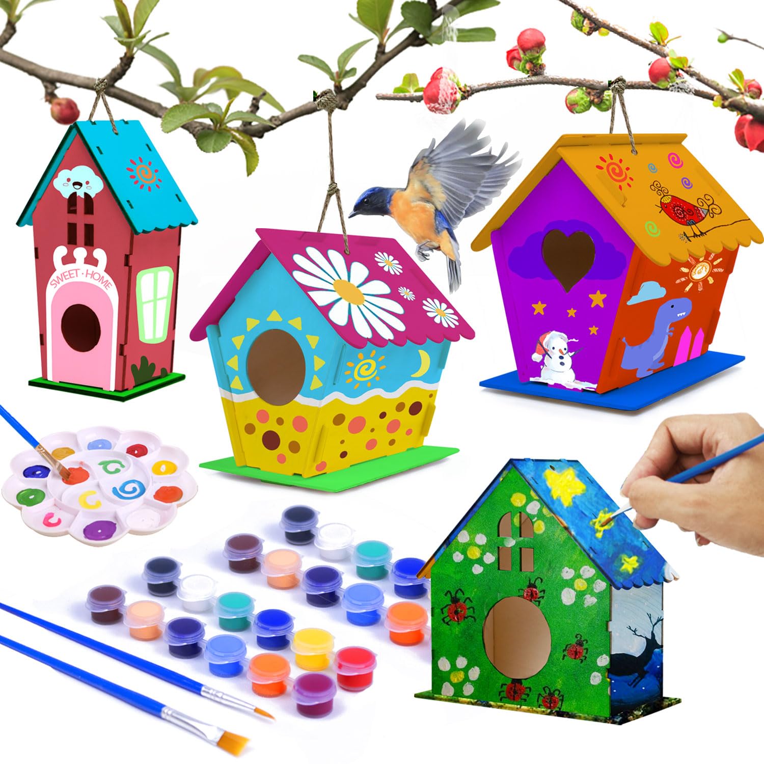 hapray 4 Pack DIY Bird House Kit, Crafts for Children to Build and Paint Birdhouse (Includes Paints & Brushes) Wooden Arts for Kids Girls Boys Toddlers Gifts Halloween Christmas