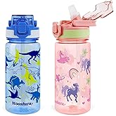 wooshwa Kids Water Bottle for School, 16 Oz Plastic Water Bottle with Silicone Spout and Pop-Up Cover, BPA Free & Dishwasher Safe (Unicorn/Dinosaur)