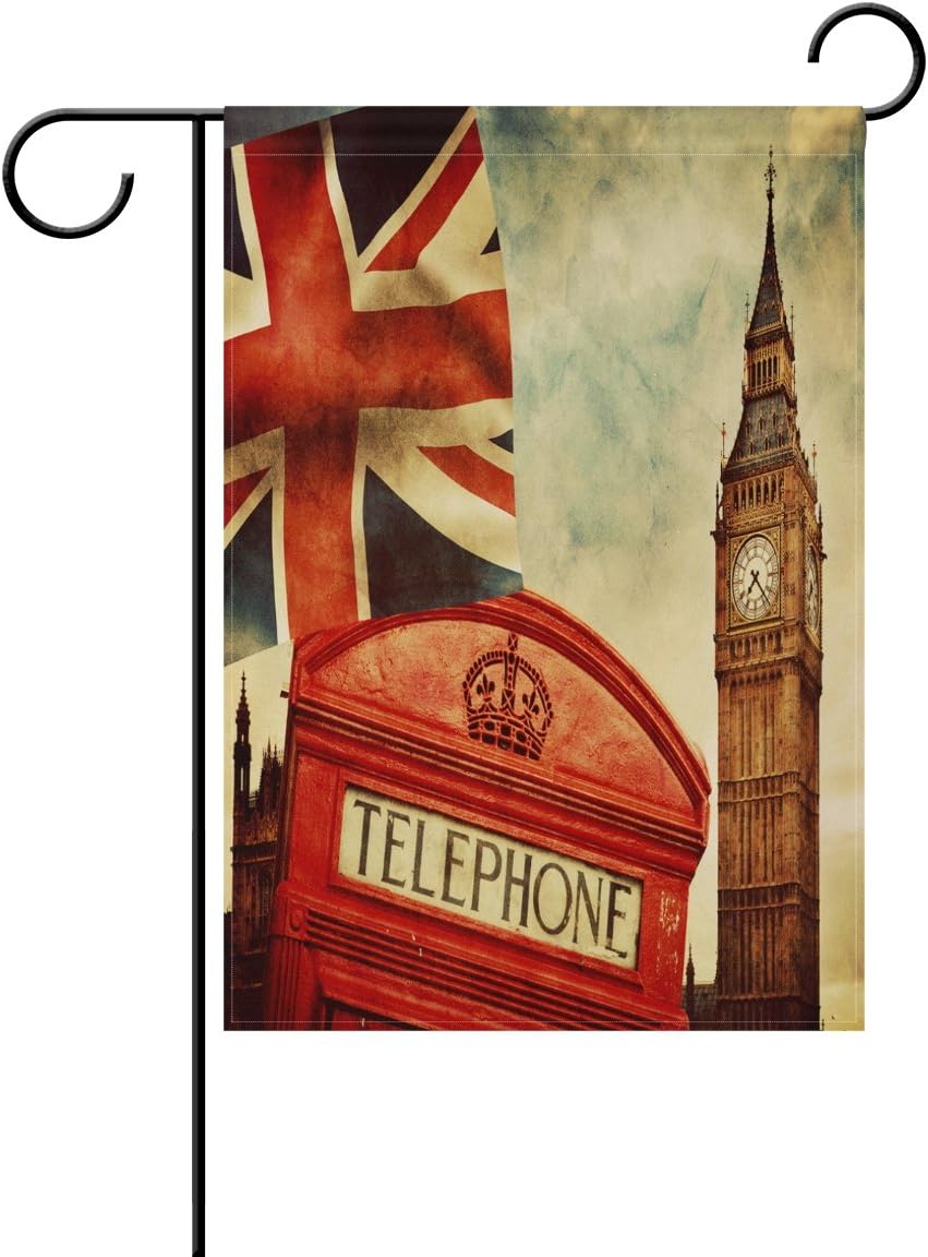 Donnapink British Flag Retro Style Red Telephone British National Flag Weatherproof Polyester Garden Flag 12" x 18" Seasonal Home Banner