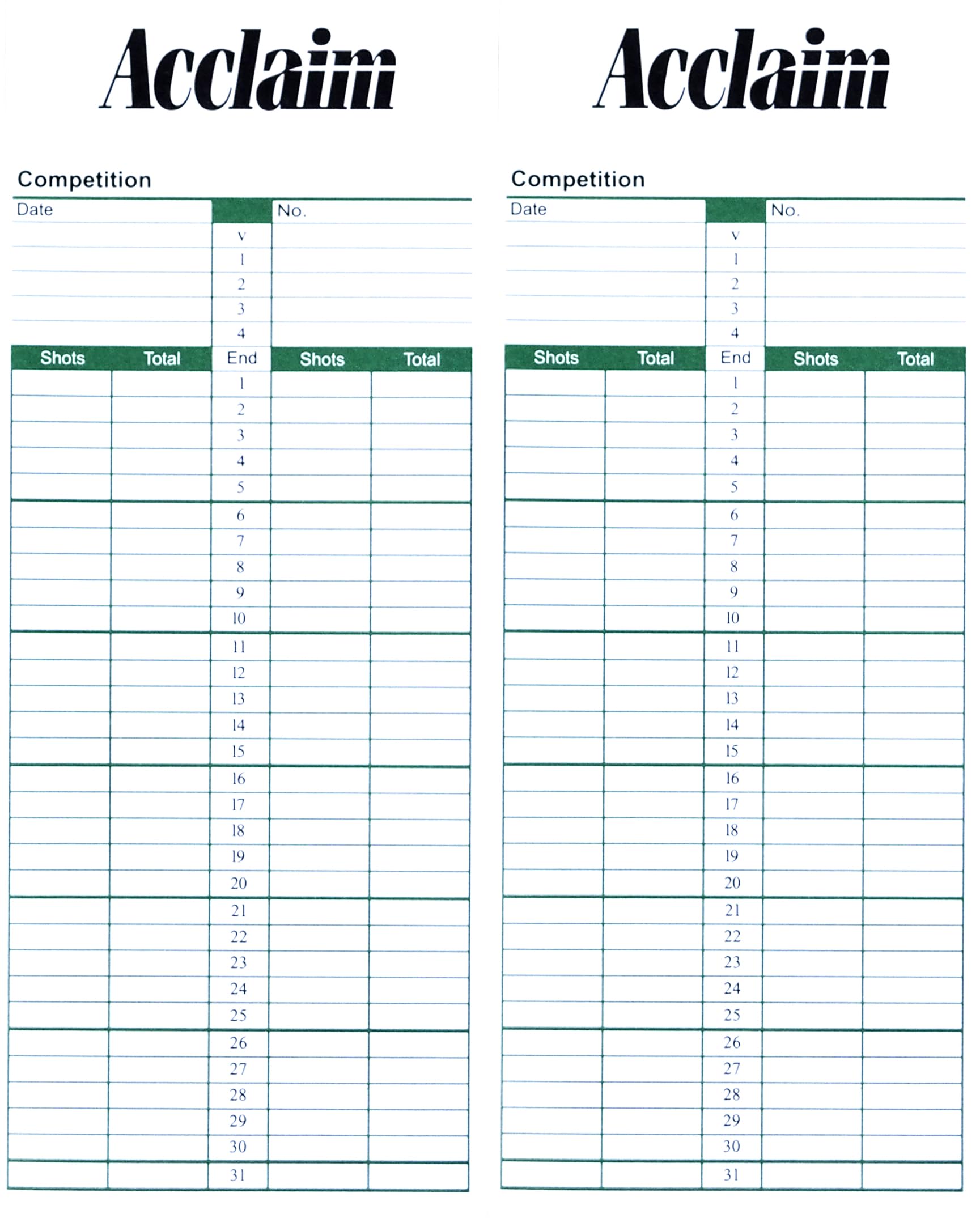 Acclaim Lawn Bowls Scorecards Double Sided Twin Use White Black With Green Text Card Printed Sheets 8 1/4" x 3 1/4" In 100’s 500’s & 1000’s (500)