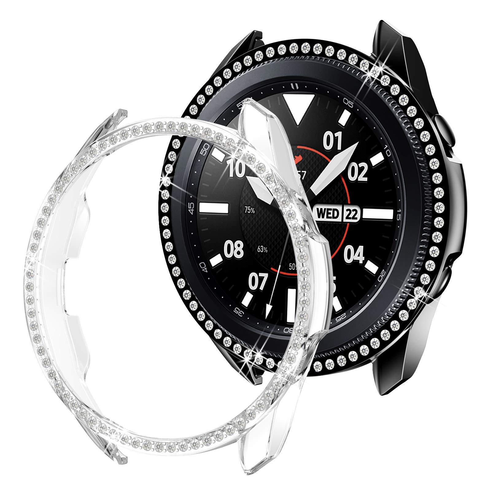 Yolovie (2 Pack) Compatible with Galaxy Watch 3 41mm 45mm Case, Bling Crystal Rhinestone Bumper Shell Protective Frame Shiny Diamond Cases for Women (45mm Clear Black)