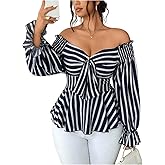 Floerns Women's Plus Size Striped Off The Shoulder Blouse Lantern Sleeve Ruffle Peplum Shirts