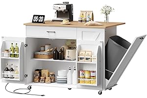 HOOBRO Kitchen Island with Drop Leaf, Rolling Kitchen Island with Hidden Trash Cabinet and Power Outlet, Kitchen Cart with Dr