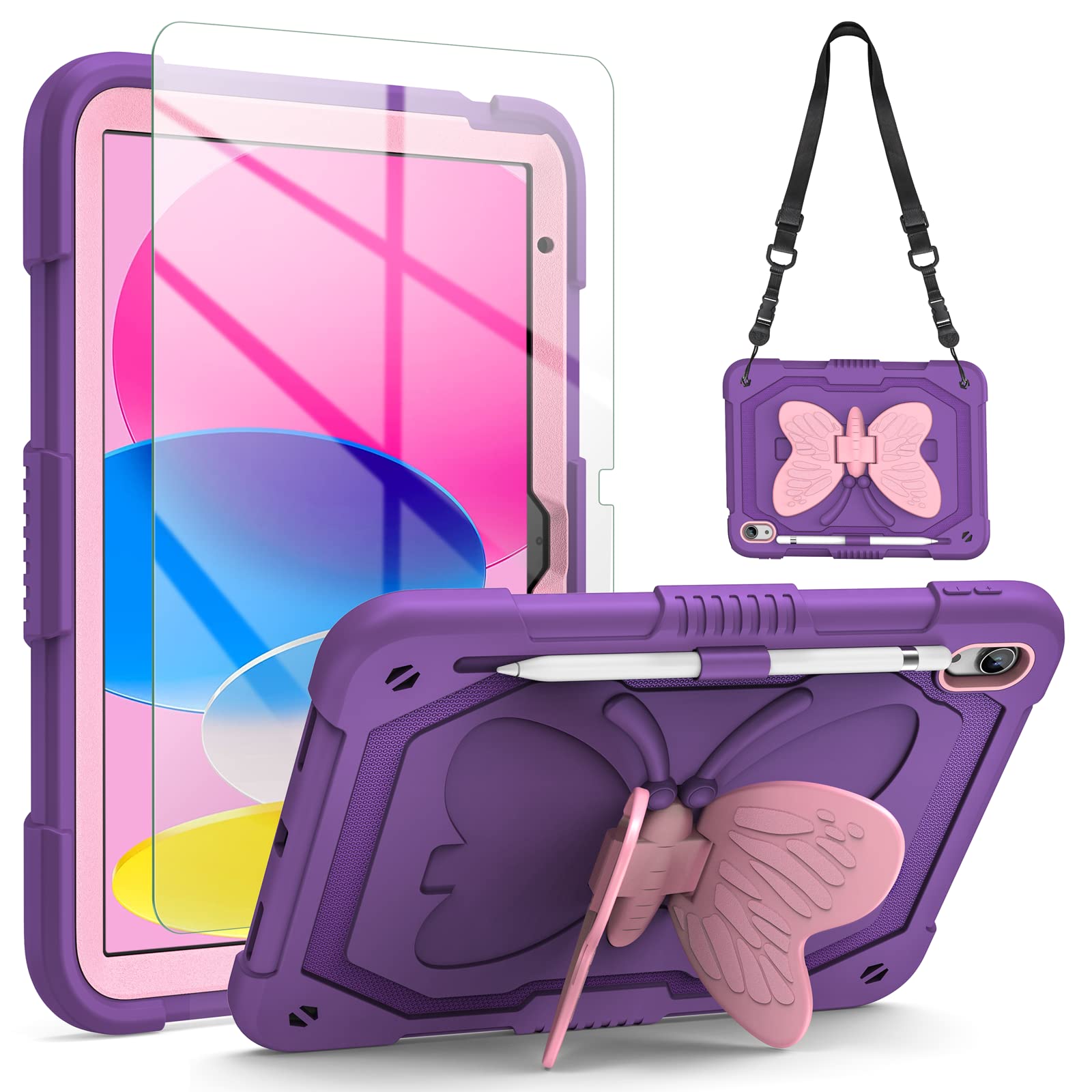 Photo 1 of ***BROKEN SCREEN***VOFUOE for iPad 10th Generation Case for Kids Girls 2022 10.9 Inch for iPad A16 Case 11th Generation 2025 with Screen Protector Shoulder Strap Butterfly Wings Stand Pencil Holder Rugged Cover-Purple