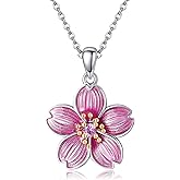YAFEINI Cherry Blossom Necklace 925 Sterling Silver Pink Sakura Flower Pendant Christmas Mother's Day Jewelry for Women Mom