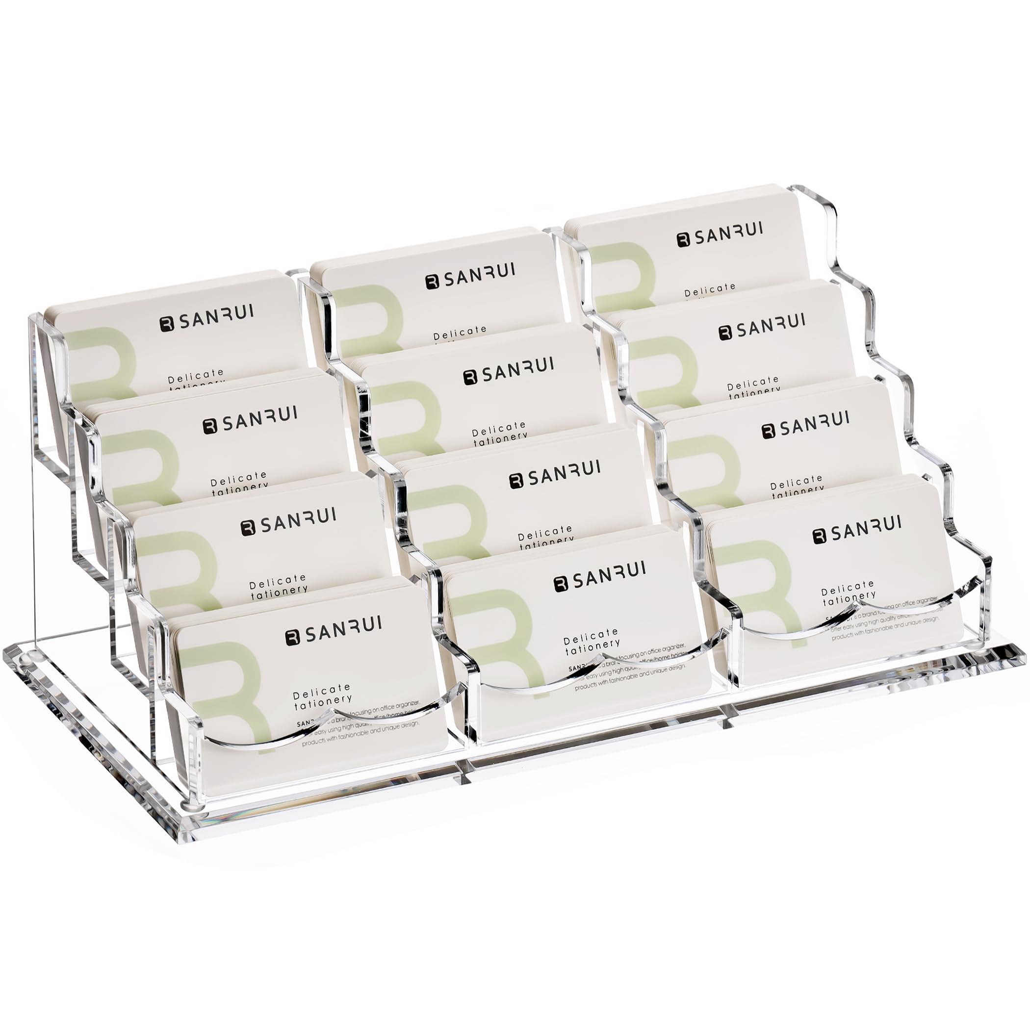 SANRUI Business Card Holder for Desk Clear Acrylic Business Card Holders, Business Card Display Stand 4 Tier 12 Slots