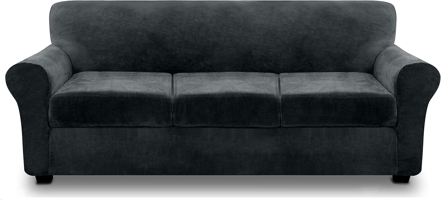 FINERFIBER Velvet High Stretch 2 Piece Armchair Slipcover | Thick Couch Cover for Pets | Couch Covers for 1 Cushion Couch | Furniture Protector for Separate Cushion Couch (Armchair, Dark Grey): Furniture & Decor