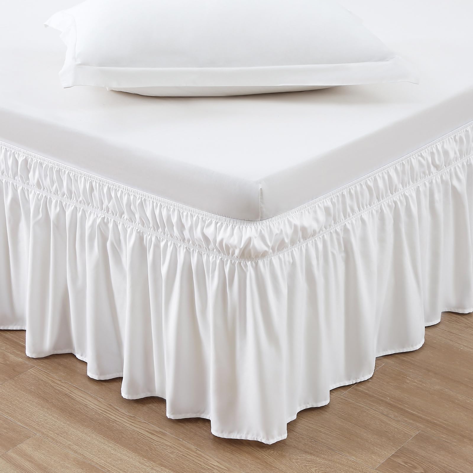 Photo 1 of MEILA Wrap Around Bed Skirt Three Fabric Sides Elastic Dust Ruffled 16 Inch Tailored Drop,Easy to Install Fade Resistant-Natural White, Queen/King