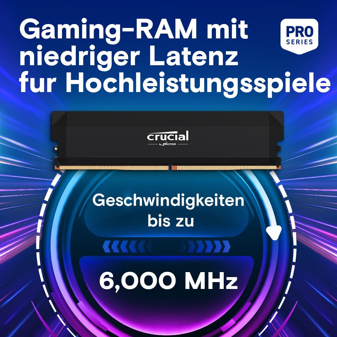 Crucial Pro DDR5 RAM 32GB Kit (2x16GB) 6000MHz CL36, Overclocking Gaming, Intel XMP 3.0 / AMD Expo, PC Computer Arbeitsspeicher, Schwarz - CP2K16G60C36U5B 2