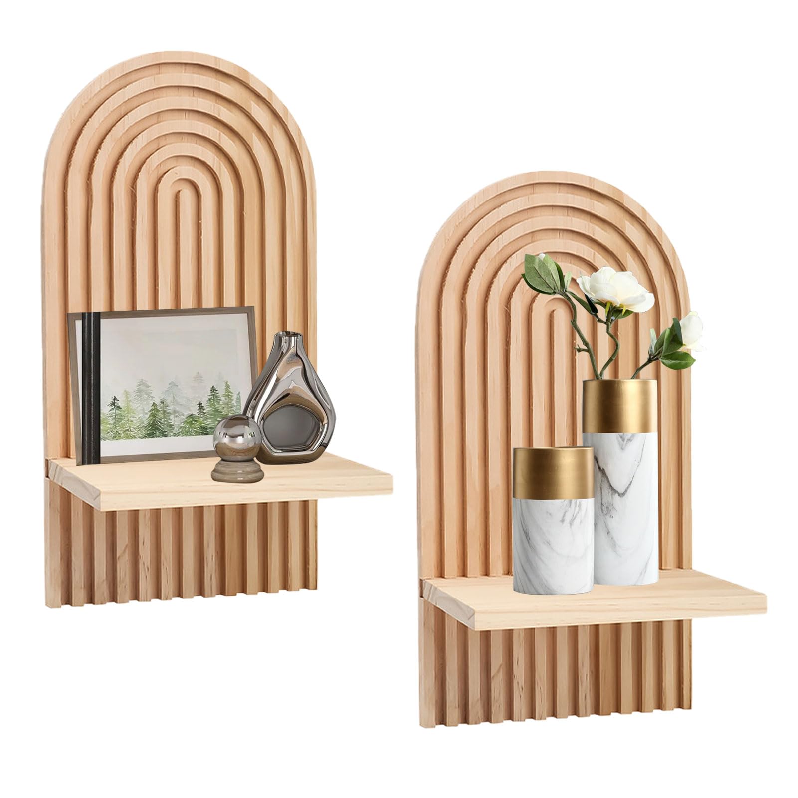 Yallmie 2Pcs Bohemian Wooden Wall Shelves, Bohemian Hanging Shelf Display Wooden Rainbow Wall Shelf, Floating Wall Shelf Wood Wall Mount Book Shelf for Home Room Small Plants Decor (Wood)