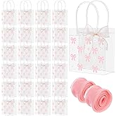 24pcs Pink Bow Clear PVC Gift Bags with Handle Ribbon Pink Coquette Bowknot Daisy Flower Party Favor Bags Transparent Treat Tote Bag Wrap Bag for Wedding Birthday Valentine's Day Party Bridal Shower