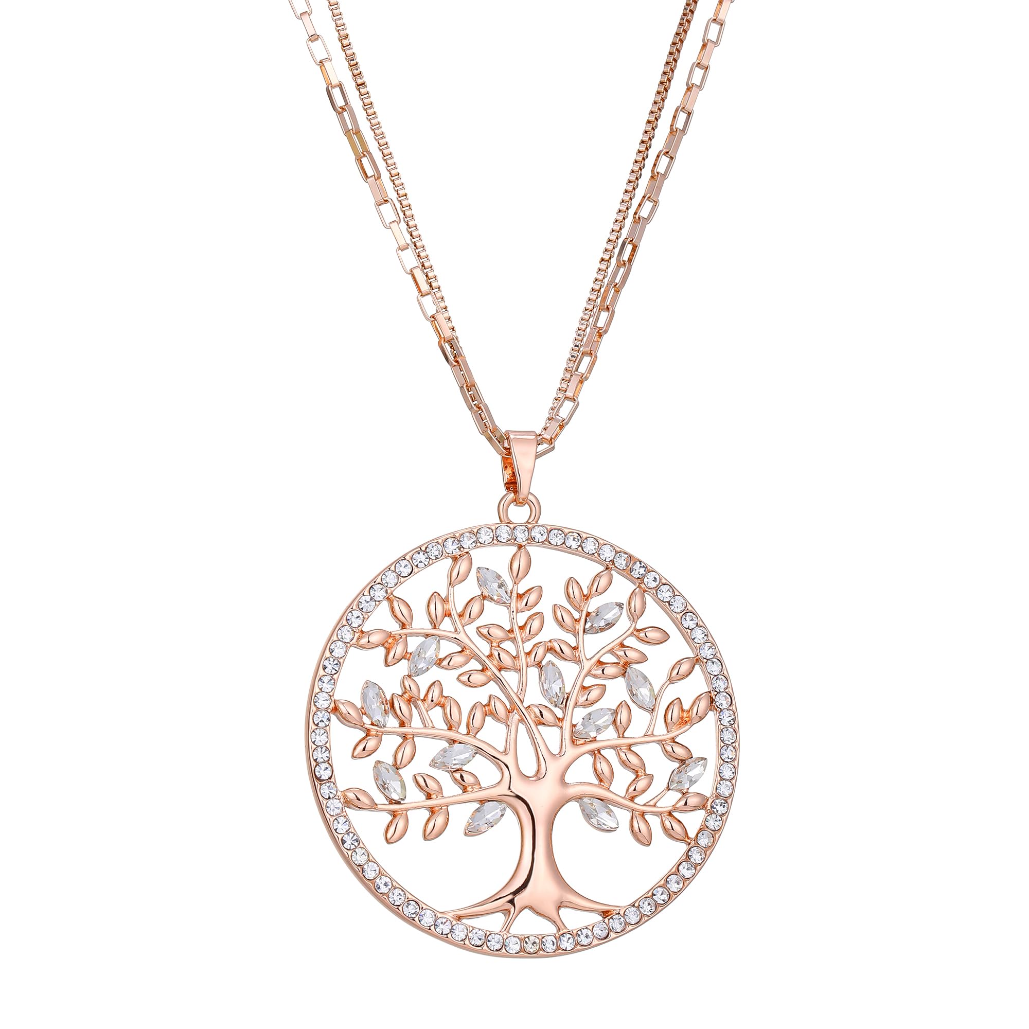 Anti-Allergic Stainless Steel Double-Layer Necklace Tree of Life Pendant Shining Crystal Fashion Jewelry for Women, Long Necklace Sweater Chain Gold Women Necklace for Mom, Friends Gifts