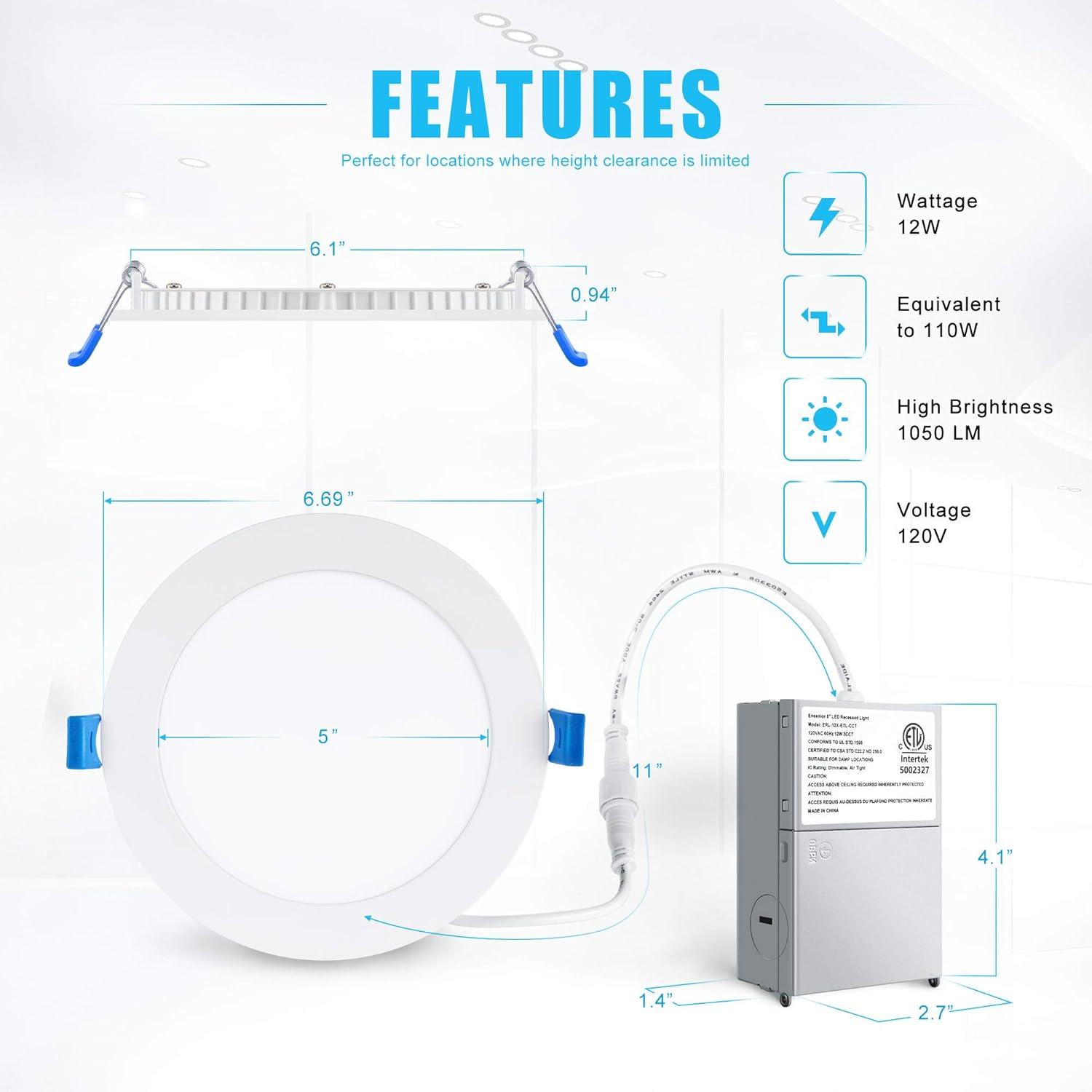 Ensenior 12 Pack 6 Inch Ultra-Thin LED Recessed Ceiling Light with Junction Box, 5000K Daylight, 12W 110W Eqv, Dimmable Can-Killer Downlight, 1050LM High Brightness - ETL and Energy Star Certified - - 