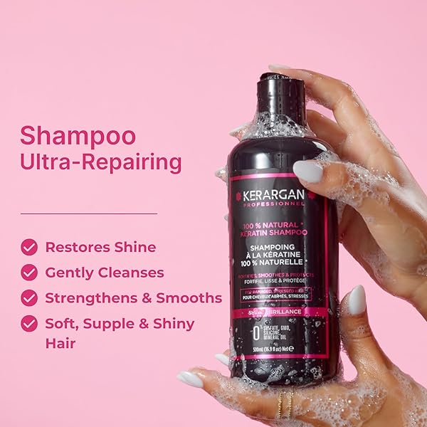 KERARGAN – ULTRA REPAIRING KERATIN SHAMPOO FOR DAMAGED AND STRESSED HAIR – STRENGTHENING, SMOOTHING, AND PROTECTIVE – SULFATE-FREE, GMO-FREE, SILICONE-FREE, MINERAL OIL-FREE – 16.9 FL OZ