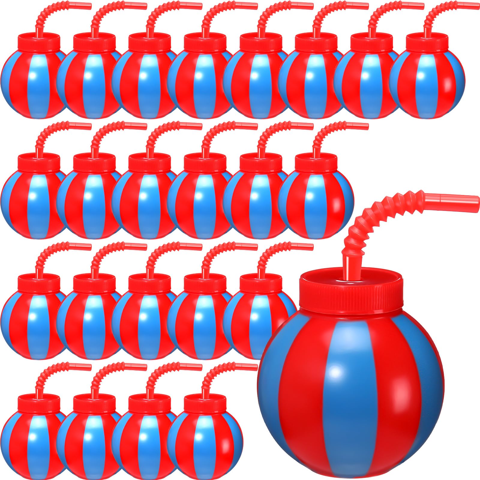 Photo 1 of Amyhill 12 Set Circus Carnival Party Favors Plastic Circus Ball Cups with Straws and Lids, 10 oz Fun Red and Blue Cups Decorations Bulk for Event Birthday Carnival Party Supplies