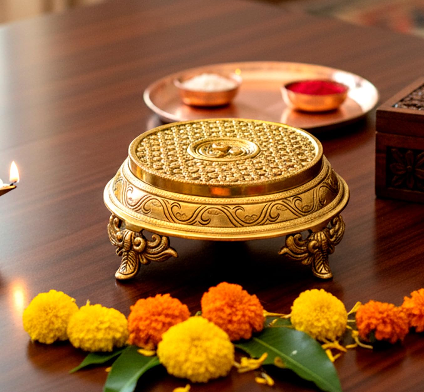 ESPLANADE Brass Decorative Round Pooja God Stool | Brass Chowki | Home Decor Sitting Table - 7" Inches