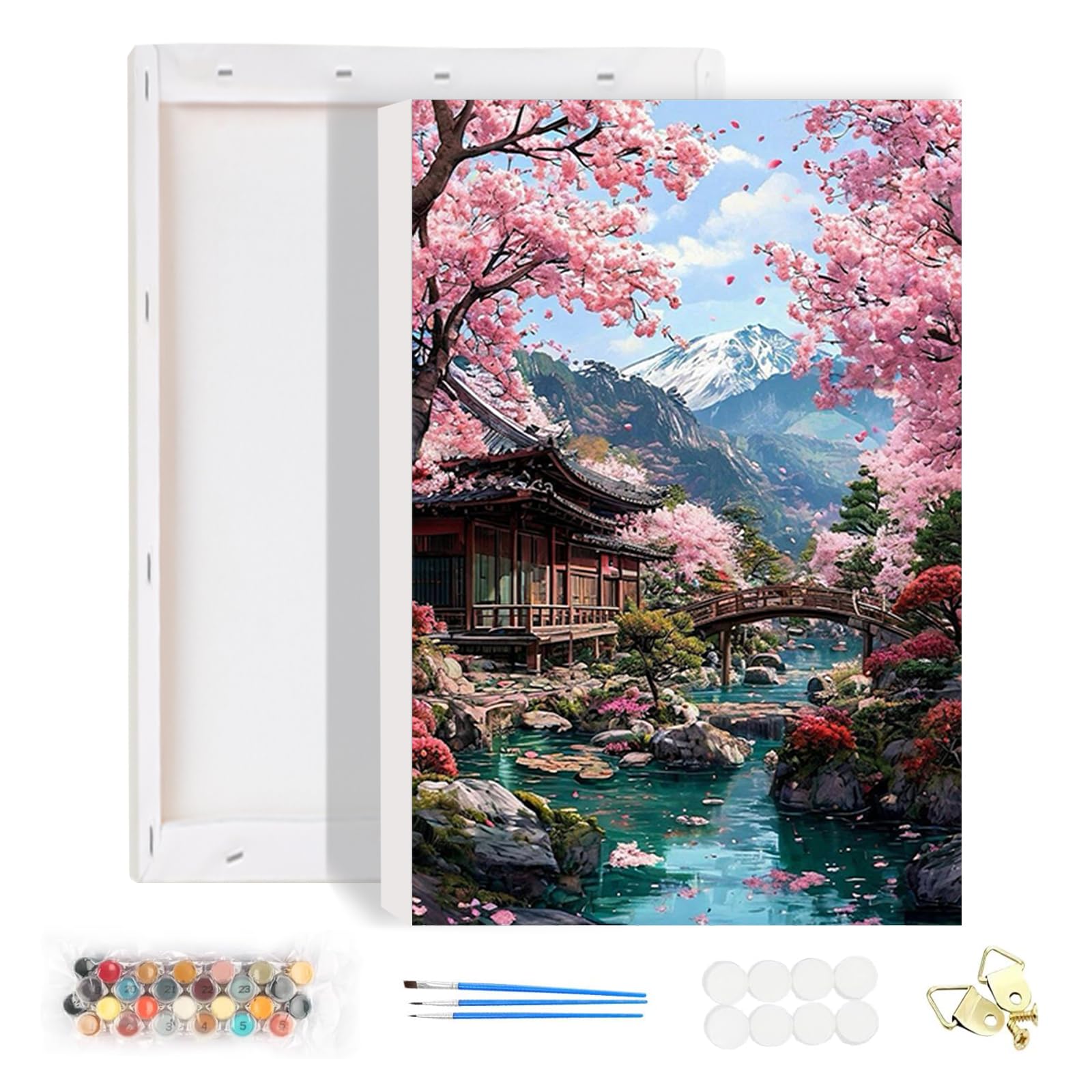 HEIBAGO Mountains Framed Paint by Numbers for Audlts, Landscape Paint by Numbers Kits for Beginners, DIY Cherry Blossoms Oil Paint by Numbers Canvas Art Craft Pictures for Home Decor 20x30cm