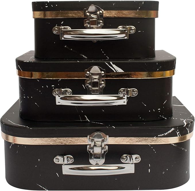 Emartbuy Set of 3 Rigid Luxury Presentation, Suitcase Gift Storage Box, Black Marble Print