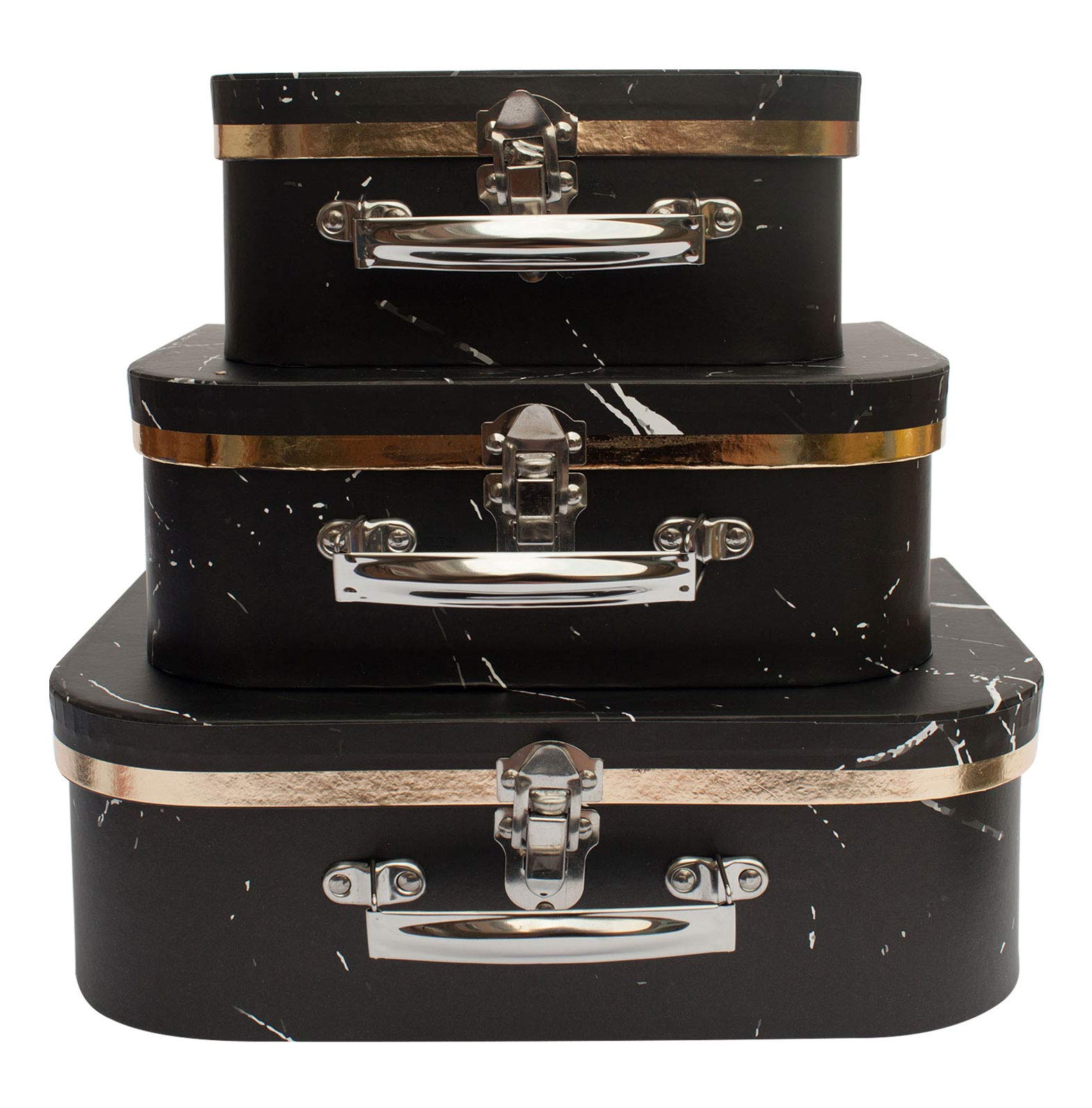 Emartbuy Black Marble Suitcase Gift Boxes Set of 3 – Prebuilt Cardboard Design with Metal Handle & Clasp – Elegant for Hampers, Keepsakes & Gifting – 30.2×21.9×9.5/25×18.8×8.8/20.2×16×8.2 cm