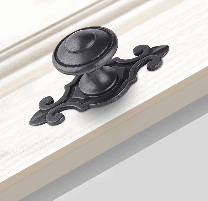 TIICA 4 Pcs Antique Iron Kitchen Cabinet Knobs with Fleur de Lis Backplates, 1.21-Inch Vintage Dark Rustic Top Ring Black Drawer Pulls Handles for Dresser Cupboard Furniture Door