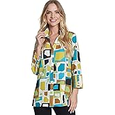 MULTIPLES Women's 5 Placket Three Quarters Sleeves Wire Collar Y-Neck Button Front Shirt