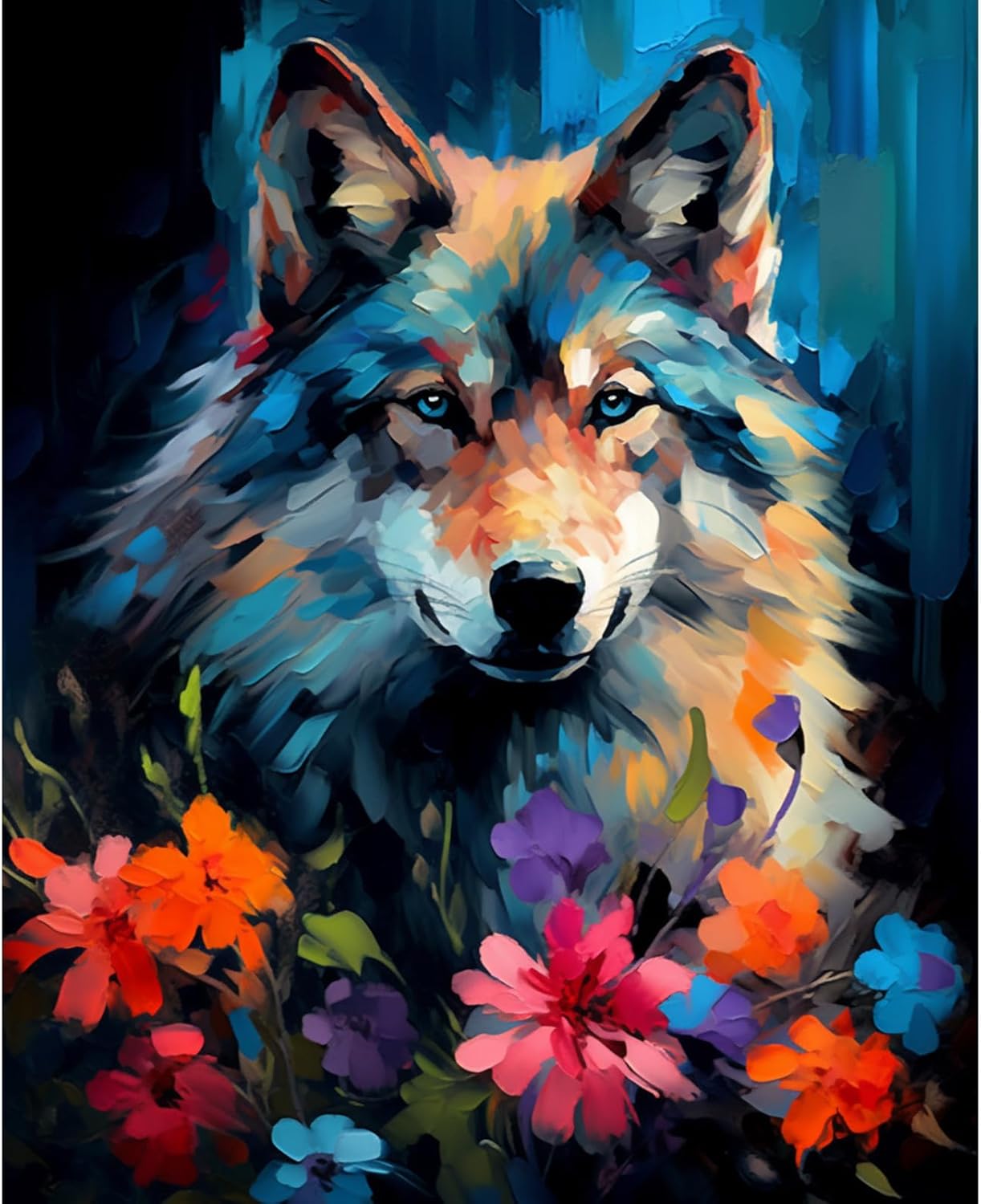 Paintings - Tucocoo Wolf Portrait Paint by Number for Adults, DIY Digital Oil Painting Kits on Canvas with Brushes and Acrylic Pigment, Abstract Flowers Animal Hand-Painted for Home Decor 16x20 inch (Frameless)