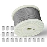 3/32 in Stainless Steel Cable Wire Rope 500ft, 7x7 Strand Aircraft Cable | for Deck Railing, String Light Hanging, Marine Rigging, Garden Wire with 150 M2.5 Crimping Loops