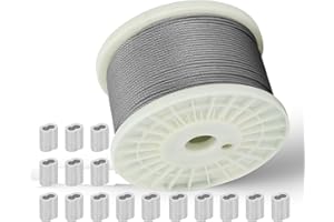 MARIOCSA 3/32 in Stainless Steel Cable Wire Rope 1000ft, 7x7 Strands Stainless Steel Aircraft Cable, for Deck Railing, String Light Hanging, Marine Rigging, Garden Wire with 300 M2.5 Crimping Loops