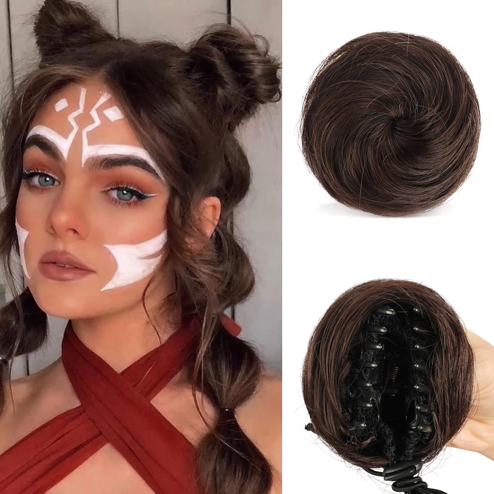 Sofeiyan 2PCS Mini Claw Clip in Hair Bun Messy Cat Ears Hair Bun Extension Synthetic Donut Wig Accessory Updo Space Bun Hair Pieces for Women Girls, Darkest Brown Mix Dark Auburn