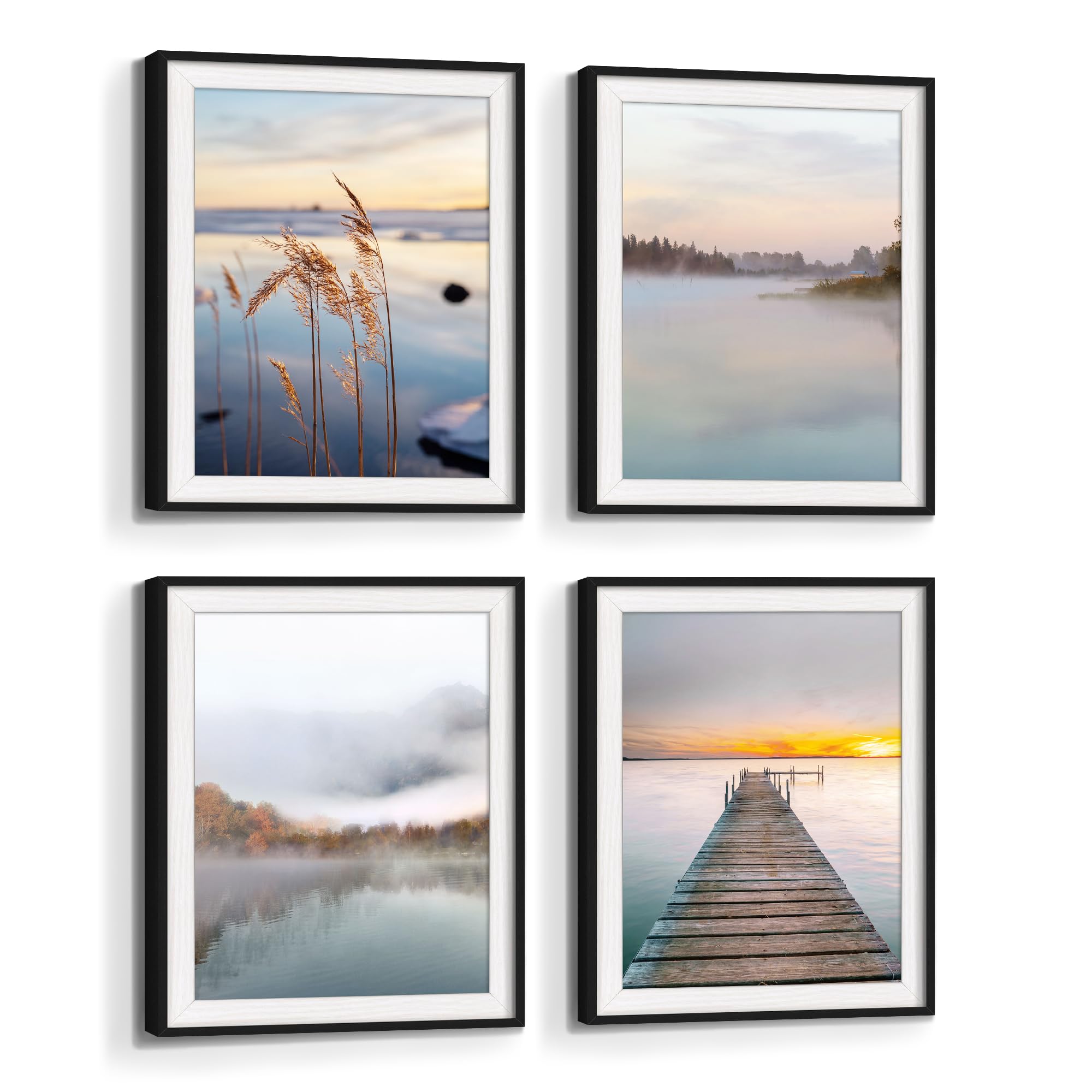 Photo 1 of Framed Lake Picture Wall Art: Sunset Pier Landscape Print Glass Protected Relaxing Dock Nature Scene Painting Decor Artwork for Bedroom Bathroom Living Room Home