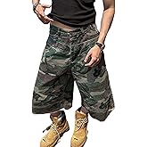 FCOOLYEET Camo Jean Shorts Y2k Baggy Jorts Grunge Below Knee Denim Cargo Shorts for Men