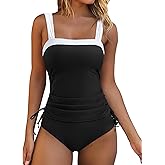 RXRXCOCO Women Tankini Bathing Suits Tummy Control Ruched Swimsuits Colorblock Drawstring Swimwear
