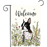 Spring Summer Garden Flag Floral Boston Terrier Yard Flag Flower Dog Garden Flags for Outside Small Outdoor Welcome Flags 12x18 Double Sided