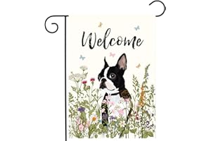 DZGLOBAL Spring Summer Garden Flag Floral Boston Terrier Yard Flag Flower Dog Garden Flags for Outside Small Outdoor Welcome Flags 12x18 Double Sided