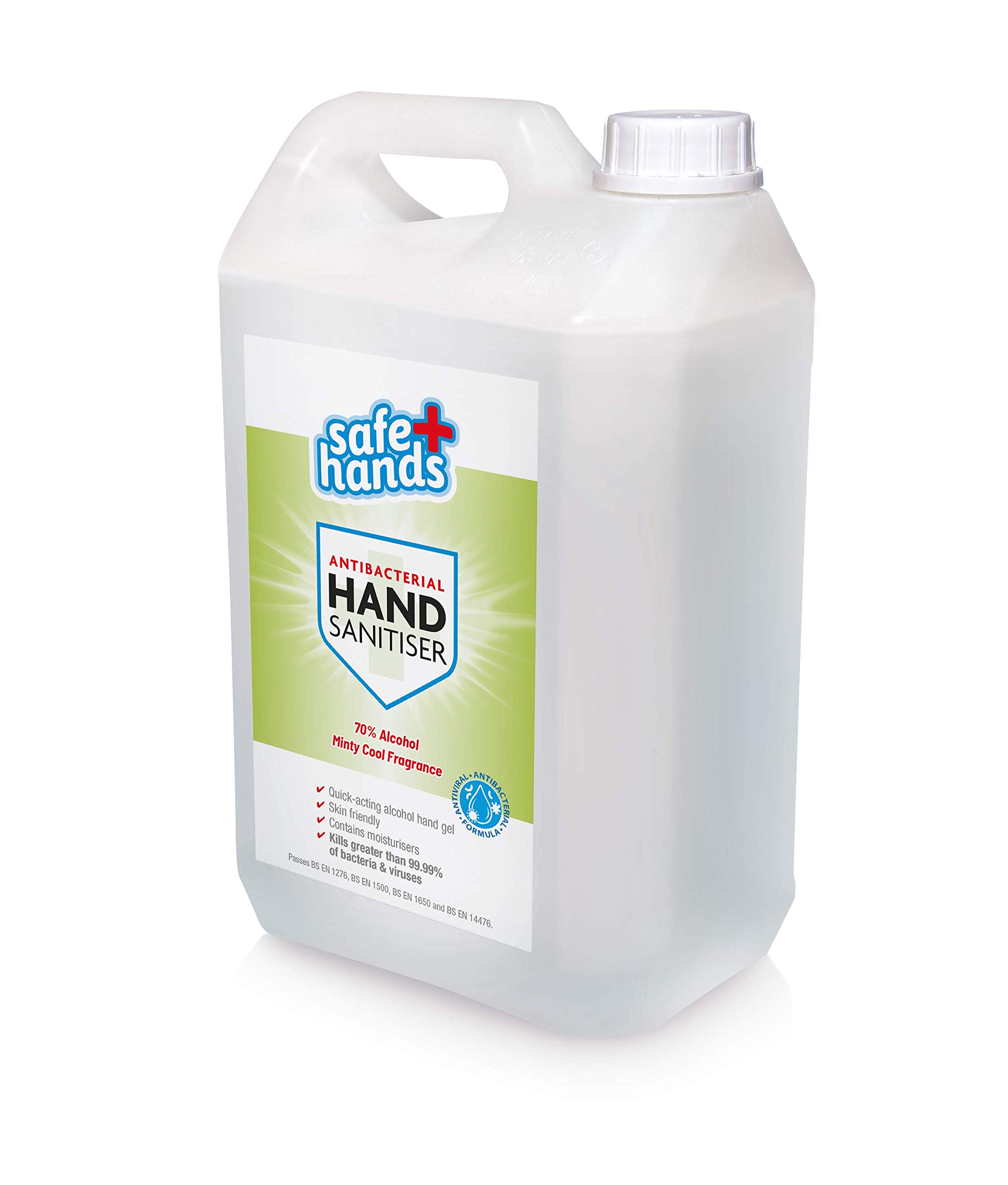 Safe Hands | Hand Sanitiser Gel | Minty Cool - Cucumber & Mint Scent | 70% Alcohol | 5 litre | Antibacterial & Antiviral Hand Sanitizer Refill | Fully Certified