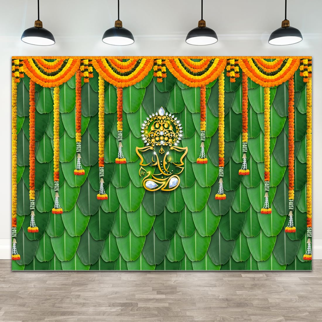 Photo 1 of 7x5ft(2.1mx1.5m) Pooja Backdrop Decoration Cloth Items Indian Ganpati Puja Traditional Chatiya Ganesh Mehndi Photography Background Festival Wedding Party Marigold Garlands Photo Booth Props Banner