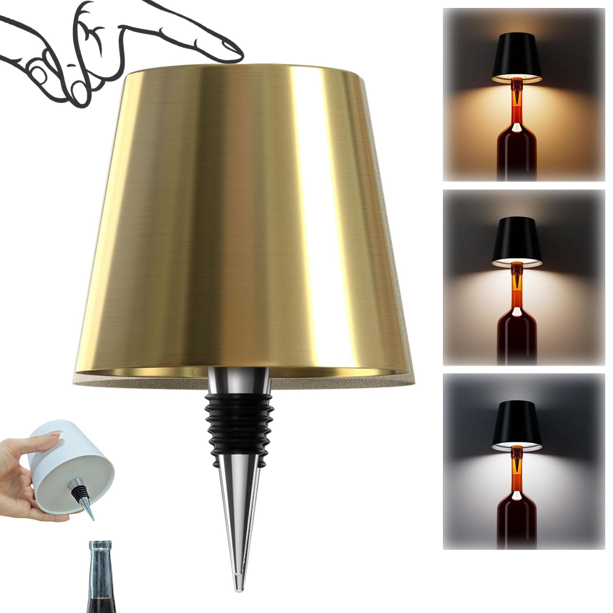 AIMARS Wireless Bottle Lamp, 3 Color Stepless Dimming Wine Bottle Lamp, LED Rechargeable Touch Control Wireless Bottle Lampshade for Bedroom, Restaurant, Bar (Galvanized Gold, 1-Pack)