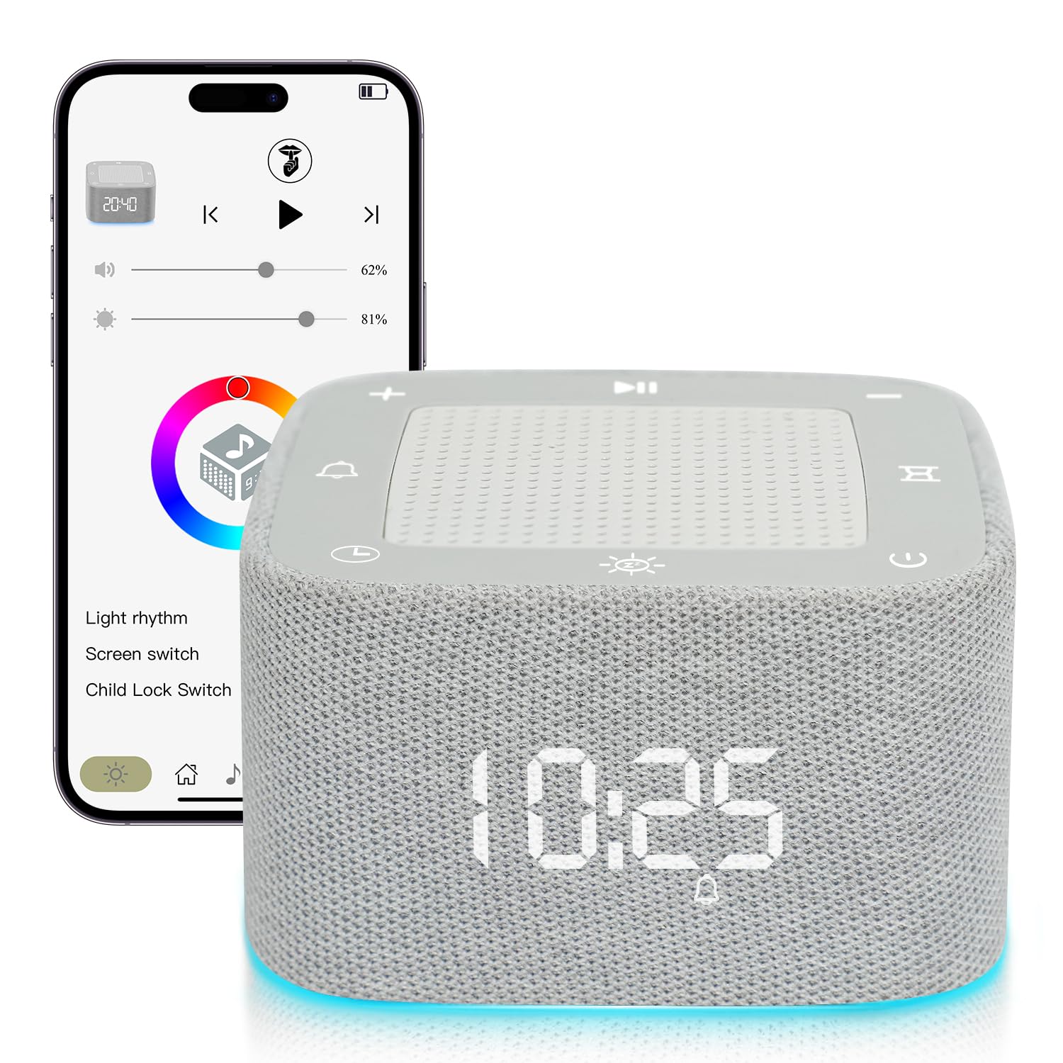 Photo 1 of GOQELK Sound Machine -Alarm Clock with APP, 32 Sounds Brown Noise Sound Machine, App Control White Noise Sound Machin,Timer, Bluetooth Speaker Wake Up RGB Light, Adults, Kids,Baby