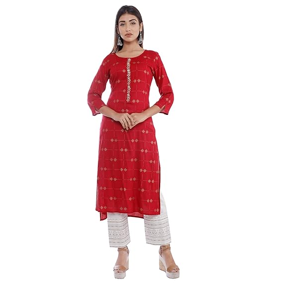 Womens Rayon Red Printed Straight Kurta with Pant