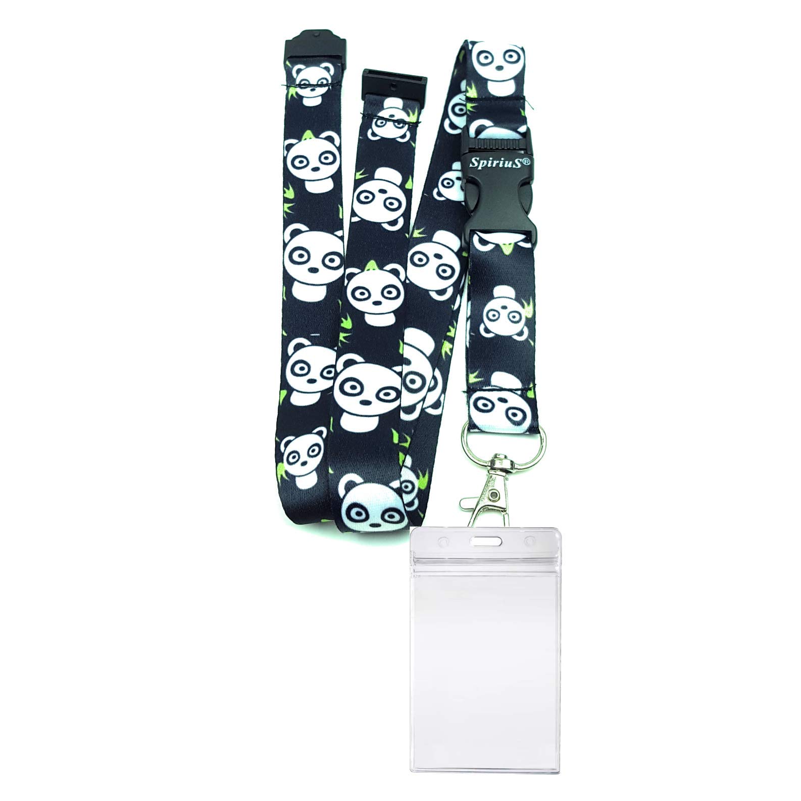 SpiriuS Lanyard Breakaway Neck Strap with Zip-Lock Waterproof Clear Plastic Badge Holder ((Pandas in Black + Waterproof Holder)