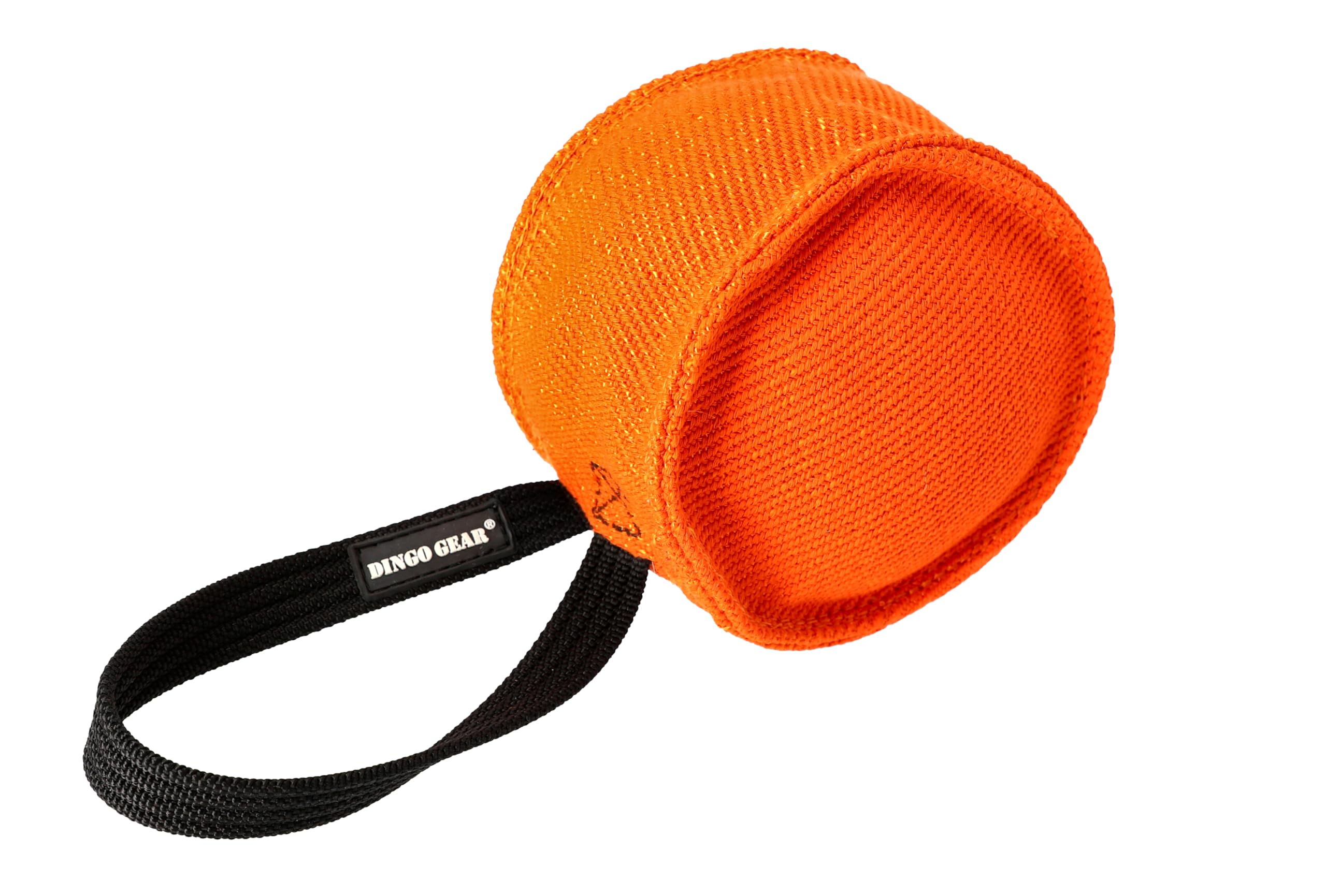DINGO GEAR Berta Tug Toy for Bite Training, IGP, Fetch, Obedience, Dog Sports, Hand Sewn Strong Stitching French Material Bite Tug 1 Handle, Drum Shape - Orange S00094