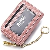 Tapp Collections RFID Credit Card Holder, Small Leather Zipper Card Case Wallet with ID Window & Detachable Keychain - Pink