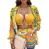 UOUA 3 Piece Swimsuits for Women Hawaiian Outfits Floral Tropical Bikini & Short Sets Summer Beach Sexy Cover Ups Luau Party
