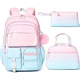 Fimibuke Backpack for Girls, 3 PCS Waterproof Kids Backpack with Lunch Box & Pencil Case, Gradient Backpacks for Teen Girl Kindergarten Elementary Middle High School Student Back to School Bookbag Set