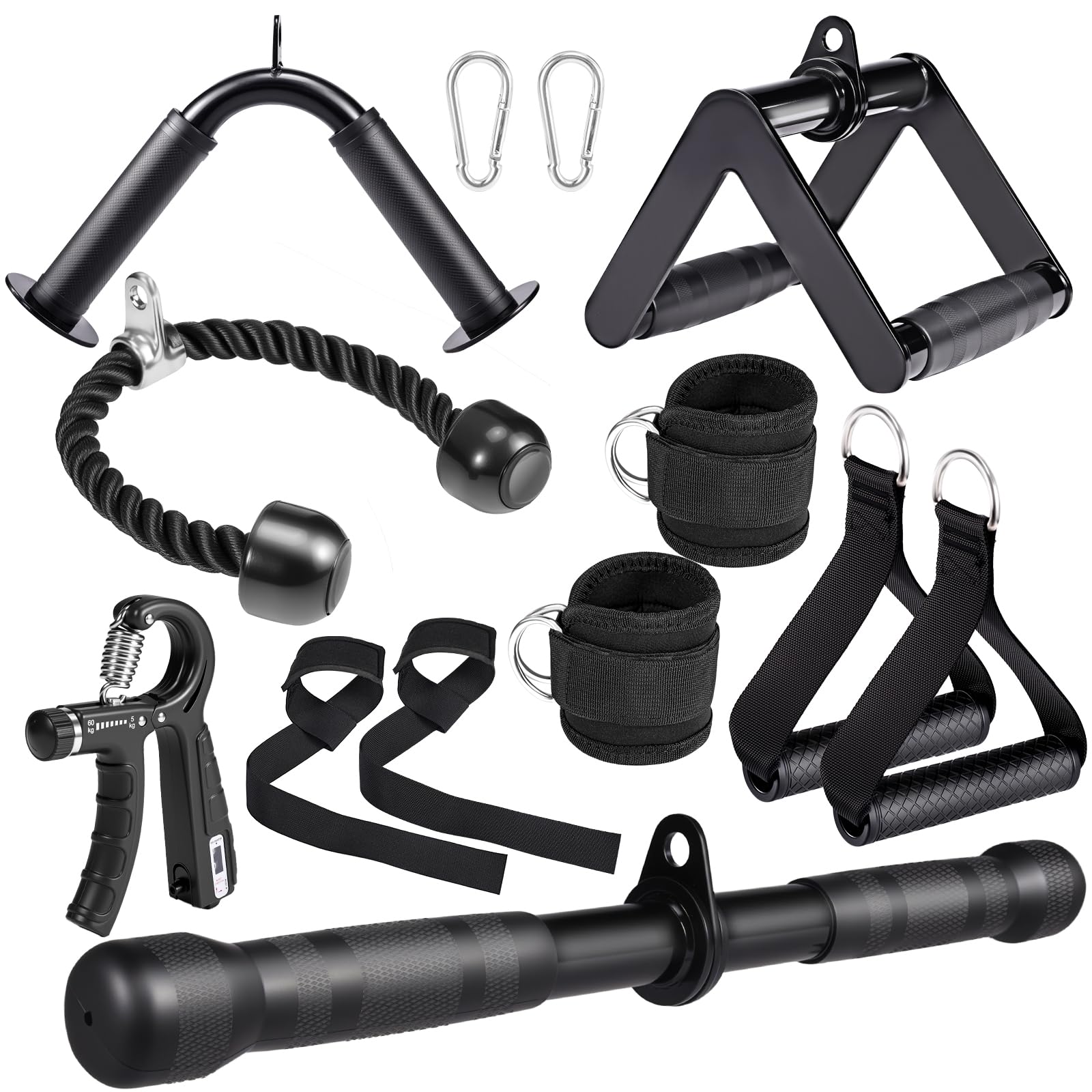 Photo 1 of 10-in-1 Cable Machine Attachments Set for Gym - Includes Tricep Rope, V-Bar, Straight Bar, D-Handle, Ankle/Wrist Straps, Storage Bag - Compatible with LAT Pulldown & Home Gym Cable Machines