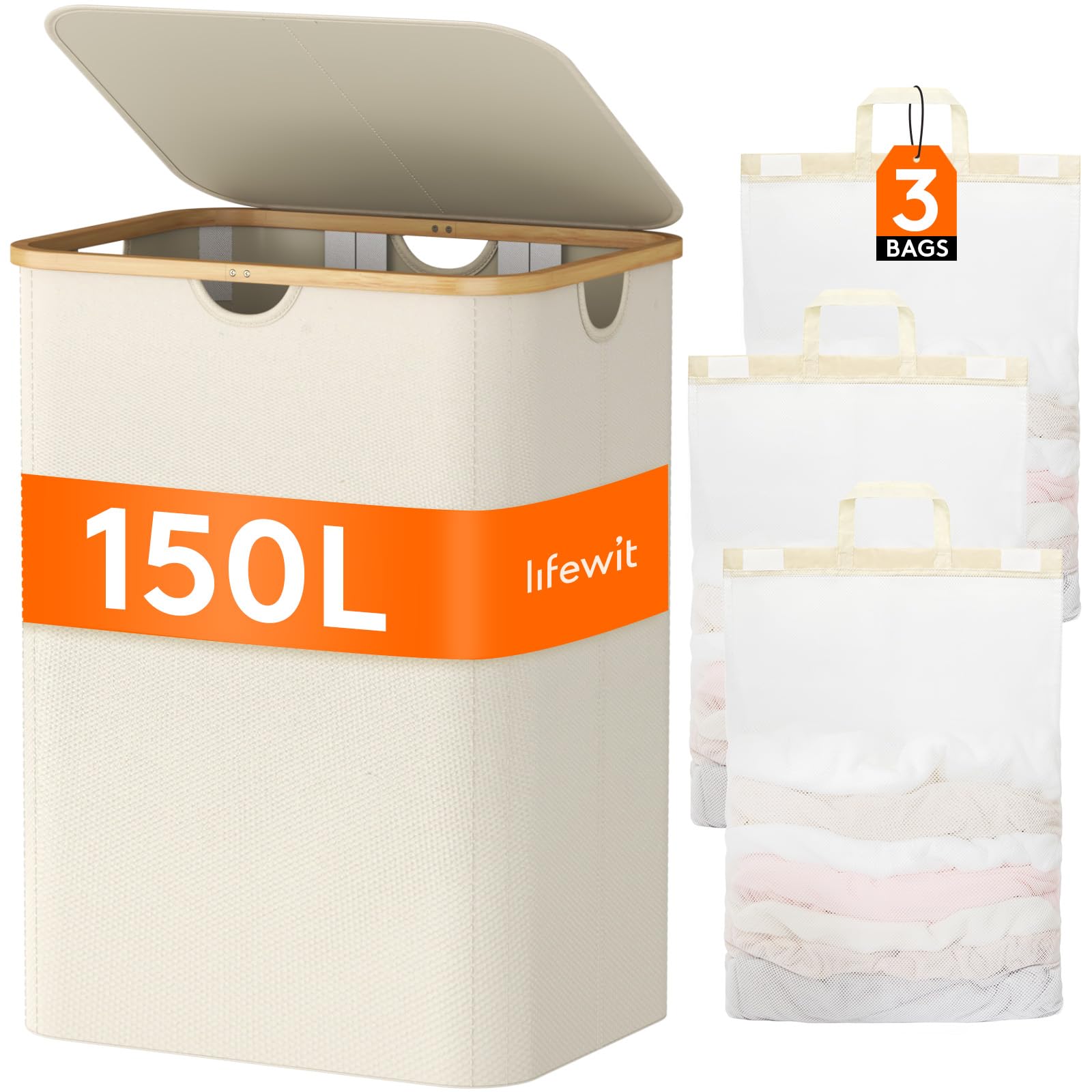 Lifewit 150L Wäschekorb mit Deckel, Wäschesammler 3 Fächer, Wäschebox Groß,Wäschesortierer, Wäschetonne,Wäsche Sortieren, Wäschebehälter,Laundry Baskets für Wäschekammer, Bad, Schlafzimmer, Cremeweiß
