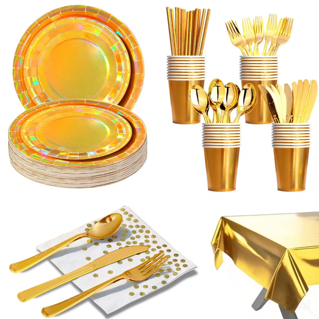 Photo 1 of 201-piece disposable party tableware set with paper plates, cups, napkins, straws, tablecloths, plastic knives, forks and spoons for a variety of party occasions for up to 25 people (Golden Rainbow)