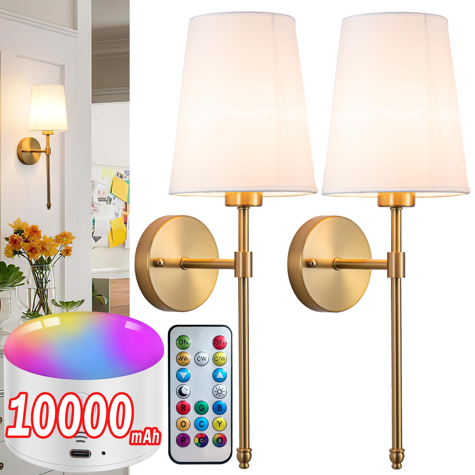 Photo 1 of YHCDLAMP Battery Operated Wall Sconce Set of 2, Rechargeable Wall Sconce with 10000mAh Bulb and Remote, Up to 50 Hrs Use, RGB Dimmable Wireless Wall Lights for Living Room Bedroom Hallway